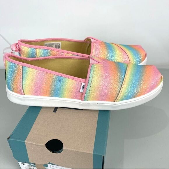 NEW TOMS Alpargata Candy Pink Rainbow Glitter Slip On Shoes Size 6 Youth Girls - Picture 1 of 9
